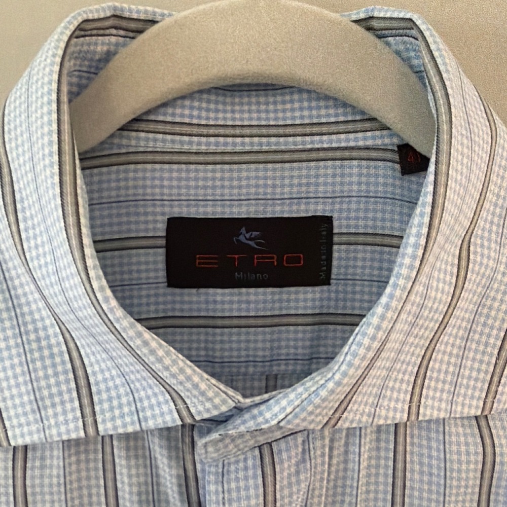 Etro Milano Mens Blue Gingham Striped Cotton Button Down Shirt Made in Italy 41